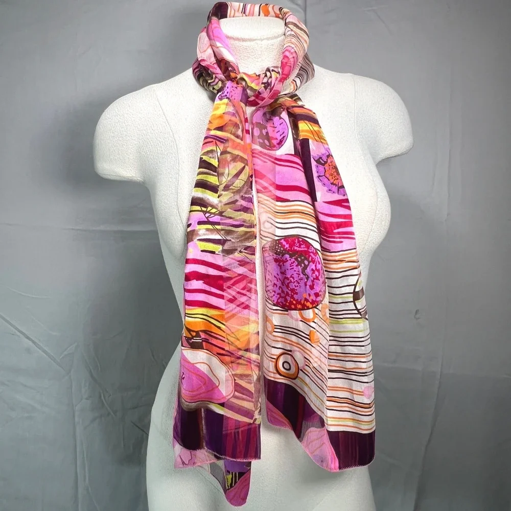 Silk Scarf Made in France Abstract Floral Print Pink Chic Eclectic Y2K Colorful - Picture 5 of 13